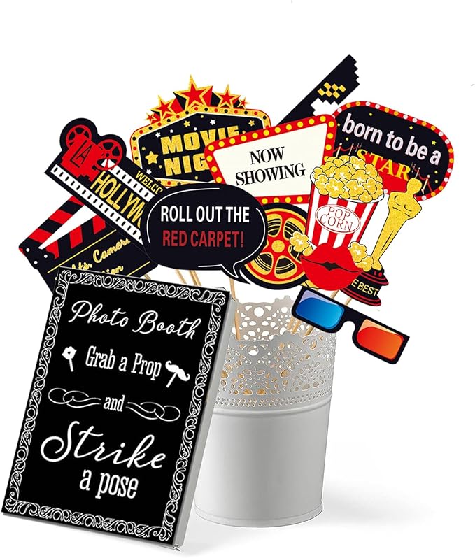 34pcs Hollywood Themed Movie Night Party Photo Booth Props, Hollywood Selfie Frame with Party Photo Props, Red Carpet Cutouts Cards Table Toppers Theme Decor Movie Night Party Supplies