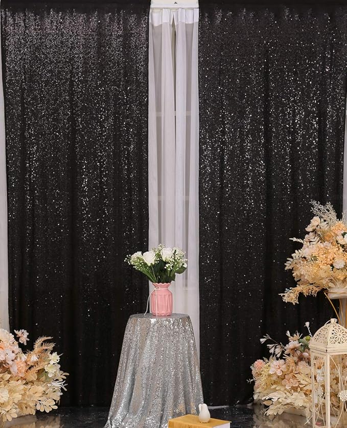 Backdrop Curtain with Black Sequins, 120 x 120 Inch, Pack of 2