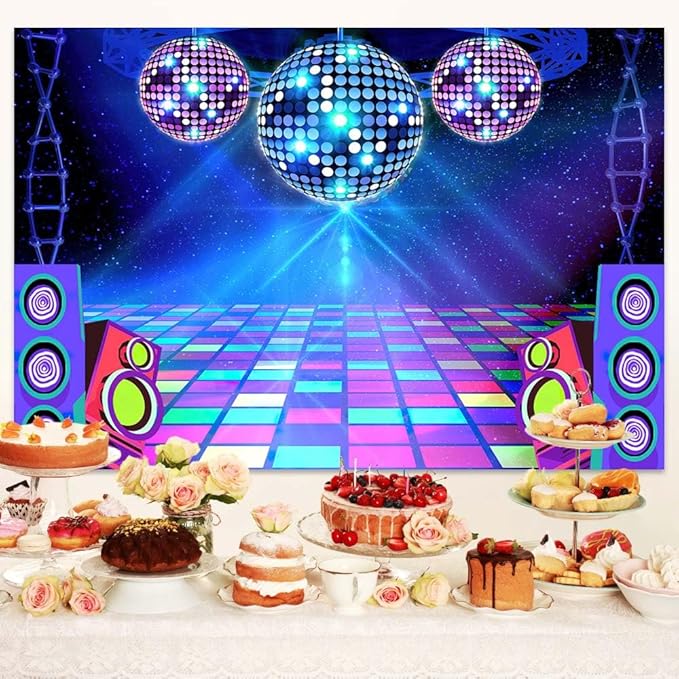 Dance Party Backdrop Retro 80s 90s Theme Stage Dance Ball Music Birthday Party Decoration DJ Photography Background 10 x 8 ft for Baby Shower Picture Photo Shoot Polyester Fabric, Blue