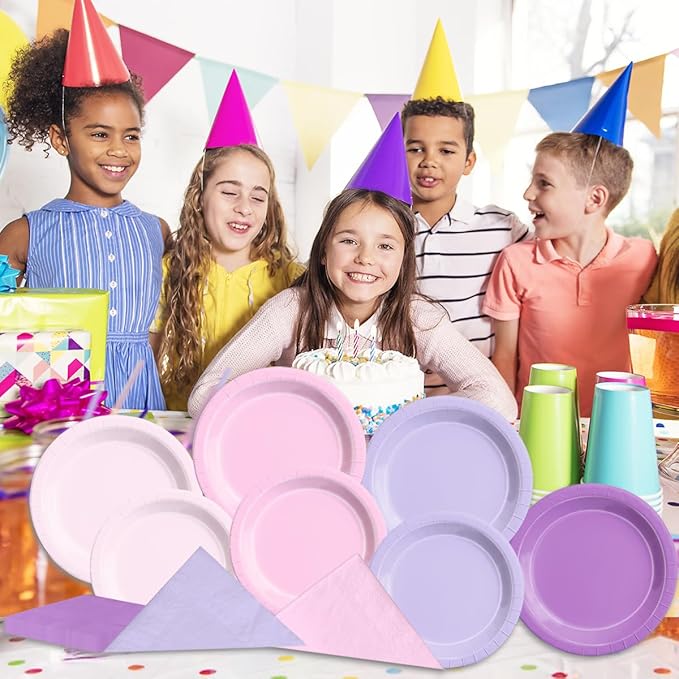 Party Pack Paper Plates and Napkins, 150 Pieces in Pink and Purple