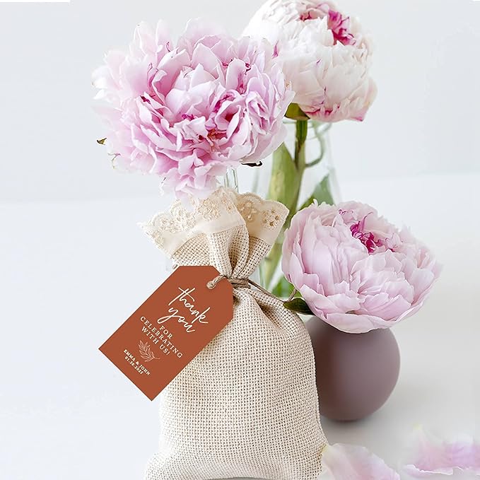 Andaz Press 100-Pack Personalized Thank You for Celebrating with Us Wedding Favor Tags with Bakers Twine Terracotta Line Design Custom Cardstock Wedding Gift Tags for Party Favors 2 x 3.75-Inches
