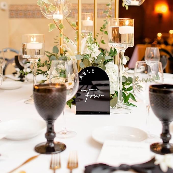 Table Number Signs 1-10, Black Arch Acrylic with Stands, 5x7 Inch