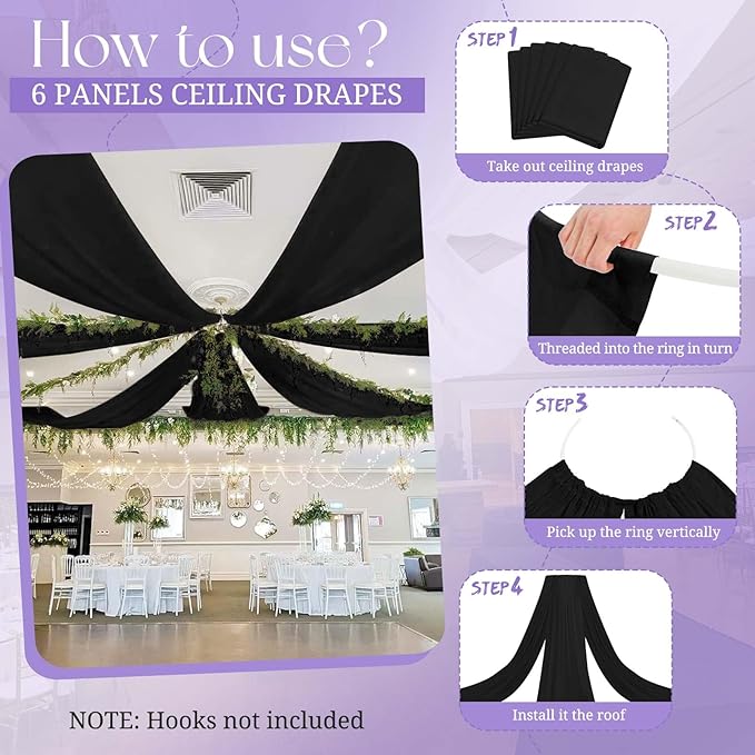 6 Panels Black Ceiling Drapes for Wedding, 5ftx20ft Ceiling Drapes Cheesecloth Sheer Fabric Curtain Wedding Arch Draping Fabric Romantic Ceilings Decorations for Weddings Party Ceremony Stage