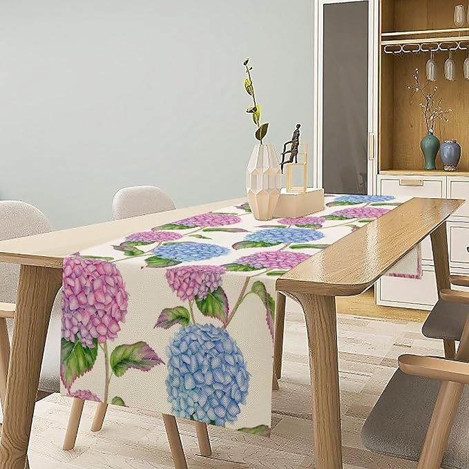 Spring Hydrangea Flower Table Runner, Seasonal Summer Plants Watercolor Pink Purple Florals Dinner Runner for Home Kitchen Dining Table Party Holiday Decoration 13"x60"