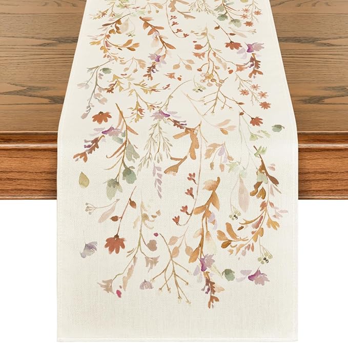 Artoid Mode Floral Leaves Fall Table Runner, Wild Flowers and Grasses Seasonal Autumn Kitchen Dining Table Decoration for Home Party Decor 13x60 Inch