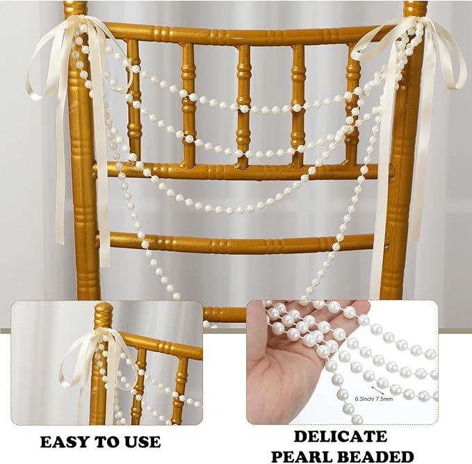 Garlands Ivory Faux Pearl Chair Sashes with Champagne Pink Satin Bows