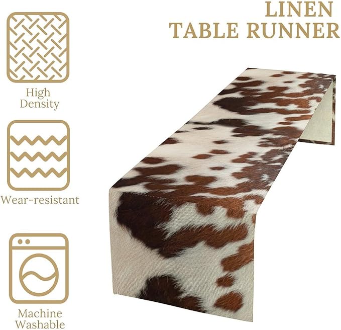Farmhouse Cow Skin Print Table Runner, Safari Wildlife Brown Country Farm Cowhide Pattern Cotton Linen Rustic Cottage Table Runner for Dinning Home Party Holidays Home Setting, 13x60 Inch