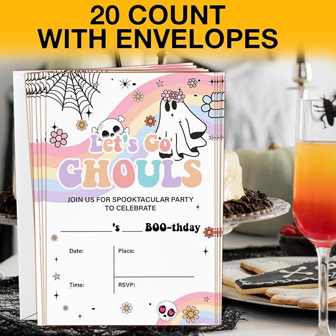Halloween Birthday Invitations Groovy Rainbow Ghost Halloween Birthday Party Fill in Invites Cards With Envelopes (20 Count) Double Sided Design, Let's Go Ghouls