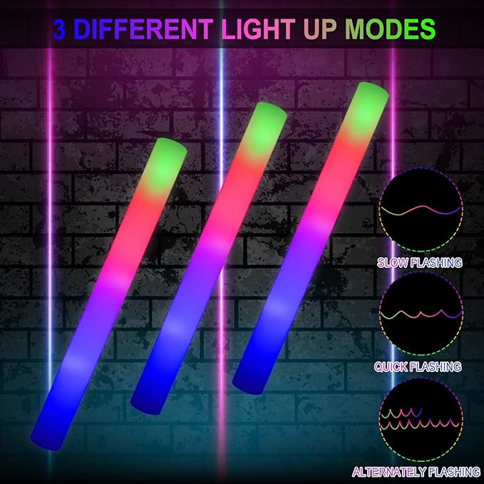 LifBetter 192 Pcs Foam Glow Sticks Bulk,Led Glow Sticks with 3 Modes Colorful Flashing,Long Life Battery Glow In The Dark Party Supplies for Weddings,Parties,Festivals,Sporting Events