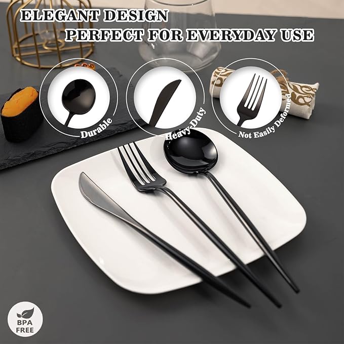 Black Plastic Forks, Knives and Spoons Set, 180 Count, Heavy Duty