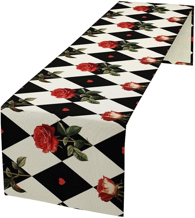 Vintage Rose Table Runner, Red Rose Hearts Black White Checkered Background Table Runner for Kitchen Dinning Table Runner Decor Home Wedding Party Holiday, 13x90 Inch