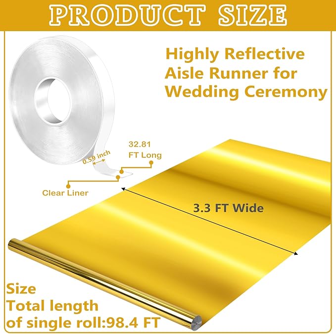 Aisle Runner, Gold Mirror Finish, 3.3 x 98.4 ft with Tape Roll