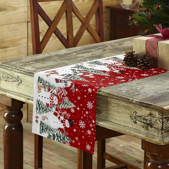 Christmas Snowman Cotton Linen Table Runner for Dining Kitchen, Xmas Tree White Snowflakes Winter Wedding Outdoor Party Tablerunners Decoration, Dresser Scarf Coffee Tablecloth Runners 13x120 Inches