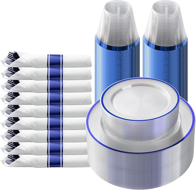 Plates Set for 25 Guests, 175 Pieces, Dark Blue with Blue Rim