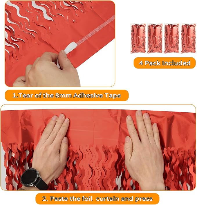 4 Pack Red Streamers Party Decorations - 3.3x6.6ft Foil Curtain Background for Birthday Decorations | Wedding | Halloween | Christmas Party Decoration | Red Tinsel Backdrop