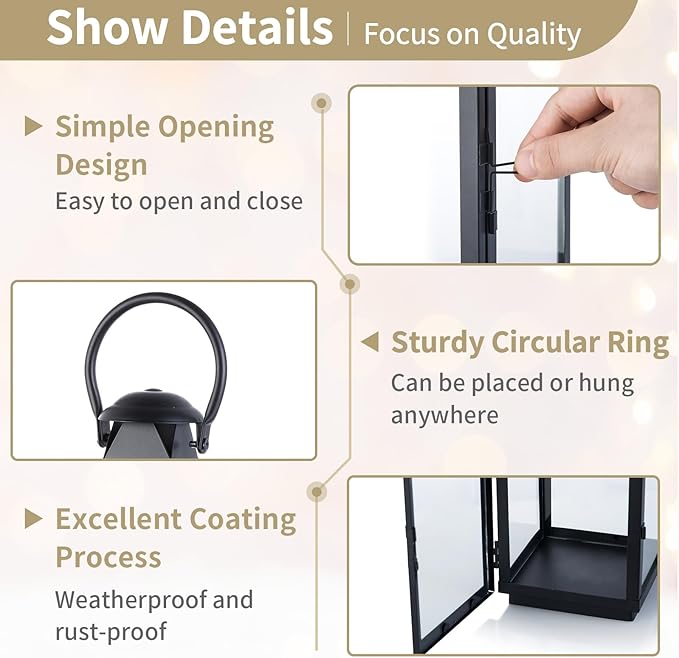 Black Metal Decorative Candle Lantern with Hanging Ring and Flat Base