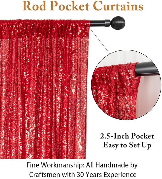 ShinyBeauty Sequin Curtains 2 Panels Red 2FTx8FT Sequin Photo Backdrop Red Sequin Backdrop Curtain Pack of 2-1011E