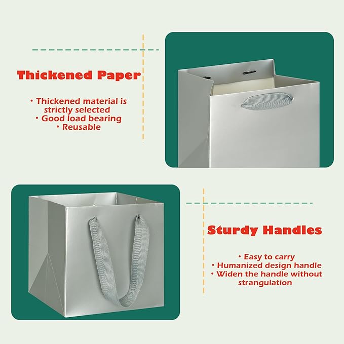 Gift Bags, Silver Laminated Paper with Handle, 10-Inch Square, Pack of 10