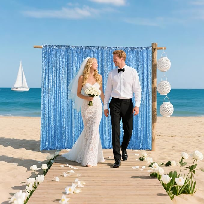 Blue Sequin Backdrop Curtain 4 Pieces 2FTx8FT Glitter Photography Backdrop for Party Wedding Birthday Christmas Decorations
