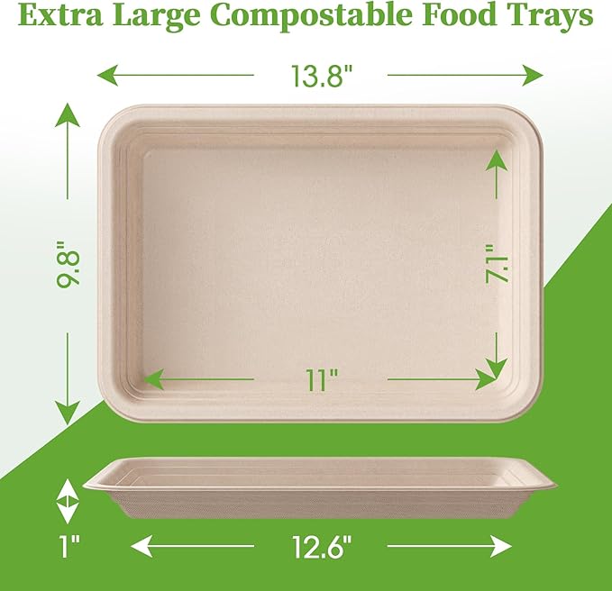 Disposable Food Trays, 100 Pack 13.8 x 9.8 Inch Compostable Sugarcane