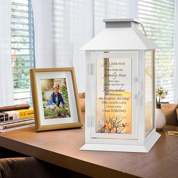 Decorative Candle Lantern, White Metal and Glass, 14.2 Inch, Remote Control