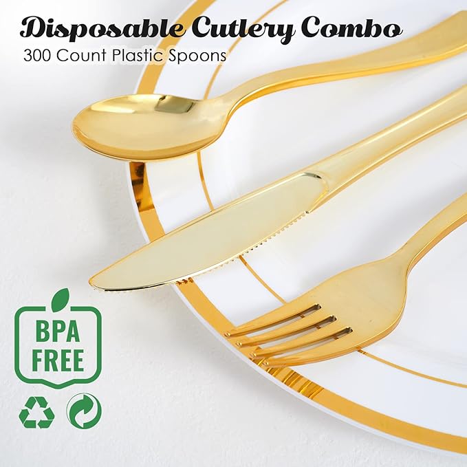Gold Plastic Party Spoons, 300 Count, 6.8 Inch Disposable