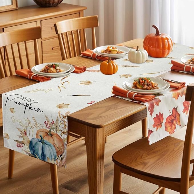 Fall Thanksgiving Cotton Linen Table Runner for Dining Kitchen, Orange Pumpkins Outdoor Party Autumn Tablerunners Decoration, Rustic Wheat Leaves Dresser Scarf Coffee Tablecloth Runners 13x72 Inches