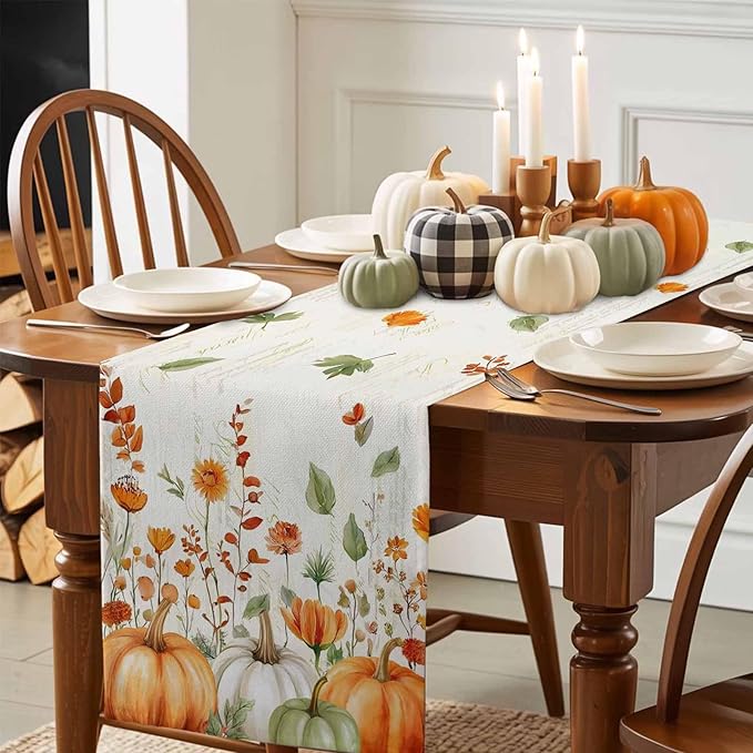 Fall Wildflowers Cotton Linen Table Runner for Dining Kitchen, Thanksgiving Pumpkin Outdoor Party Rustic Tablerunners Decoration,Botanical Floral Vintage Dresser Scarf Tablecloth Runners 13x120 Inches