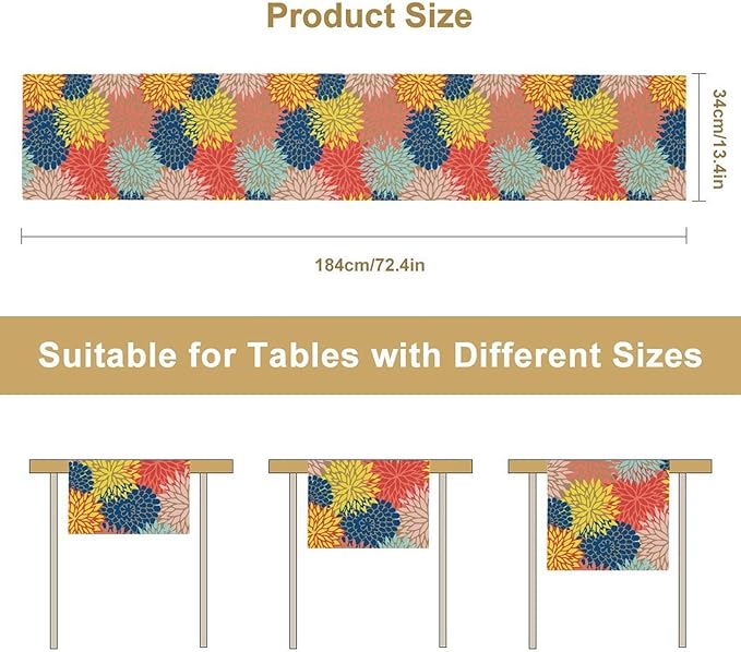 Dahlia Flowers Table Runner Colorful Floral Teal Grey Pink Yellow Blue Abstract Table Runner Kitchen Dining Party Decor Living Room, 13x120 Inch