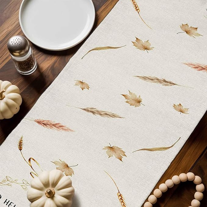 Fall Thanksgiving Cotton Linen Table Runner for Dining Kitchen, Orange Pumpkins Outdoor Party Autumn Tablerunners Decoration, Rustic Wheat Leaves Dresser Scarf Coffee Tablecloth Runners 13x90 Inches