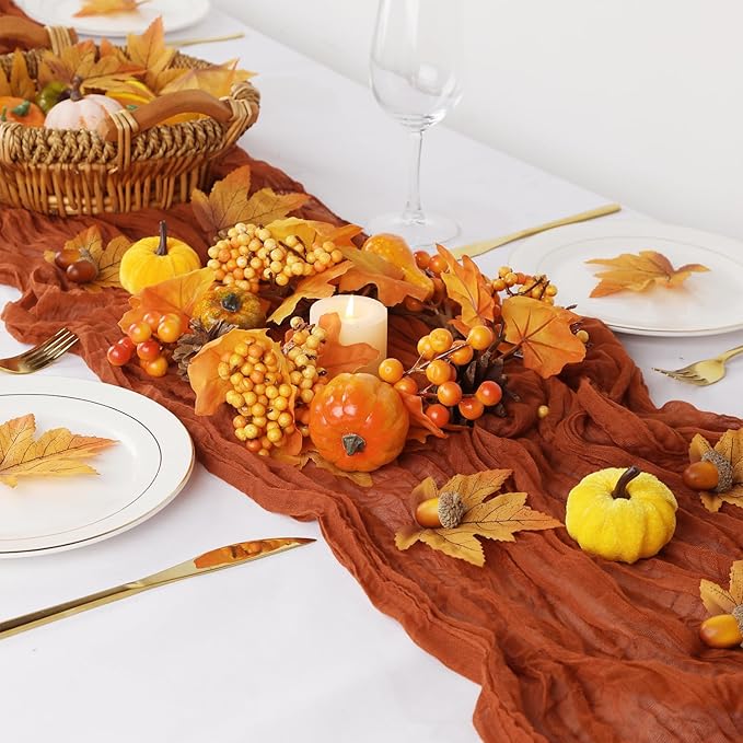 12 Pack Fall Table Runner Terracotta Cheesecloth Table Runner 35x120 Inch Rust Gauze Burnt Orange Cheese Cloth for Wedding Baby Bridal Shower Party Centerpiece Sheer Thanksgiving Fall Decorations