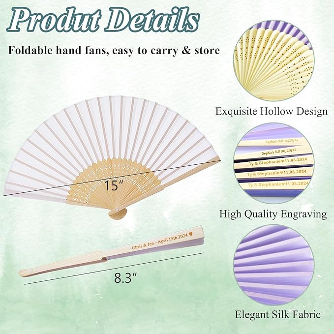 100 Pcs Personalized Purple Wedding Fans for Guests Bulk, Custom Hand Fans Decorative Folding Fans, Wooden Fans Party Favor Birthday Party Supplies Bridal Shower Gifts Baby Shower Favors