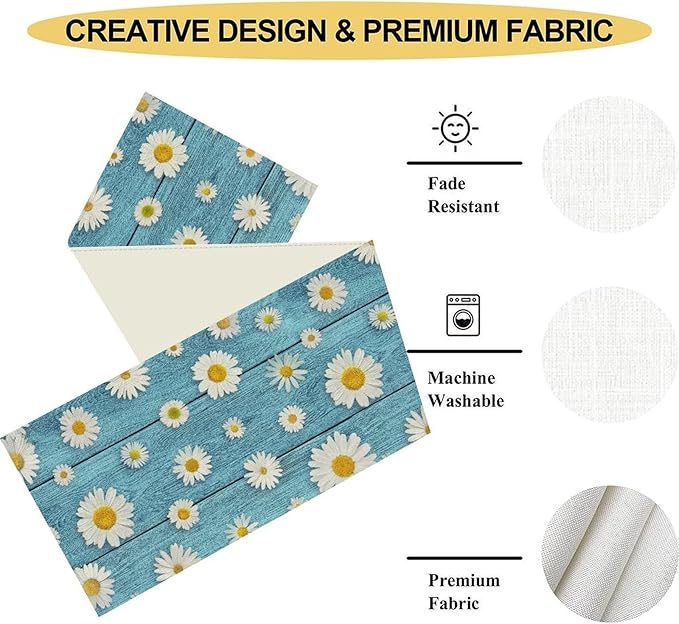 Daisy Floral Table Runner, Rustic Seasonal Spring Wild Flower Rustic Blue Wood Farmhouse Table Center Decor for Home Kitchen Dining Patio Holiday Party Indoor Outdoor Table Decorations, 13"x36" Inch