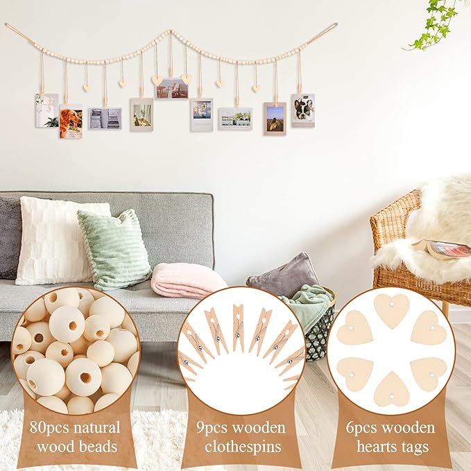 Hanging Photo Display Room Wall Decor, Boho Collage Picture Frame Christmas Cards Holder with 9 Wood Clips and 6 Wooden Hearts Tags, Xmas Card Display for Bedroom, Office, Nursery, Dorm Decor, 2 Pack