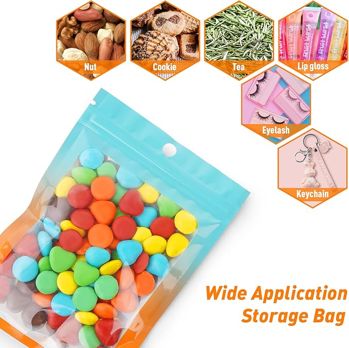 Funfery 100 Pack Gradient Holographic Bags,Resealable Mylar Bags with Zipper,Clear Window Packaging Pouch,Foil Smell Proof Bags for Food Storage,Sample Jewelry Baggies(3×4.7in,Blue Orange)
