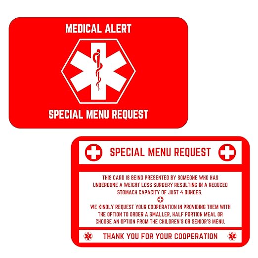 Bariatric Card for Restaurants, Special Menu Request Card, Portion Control Restaurant Request for Bariatric or Gastric Sleeve Patients, Wallet Sized, Set of 2 (5, Red, 3.375in x 2.125in)