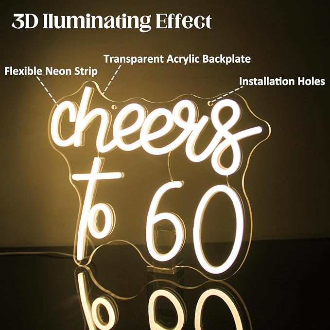 Lighted Neon Sign for 60th Birthday, Warm White Acrylic LED Decor