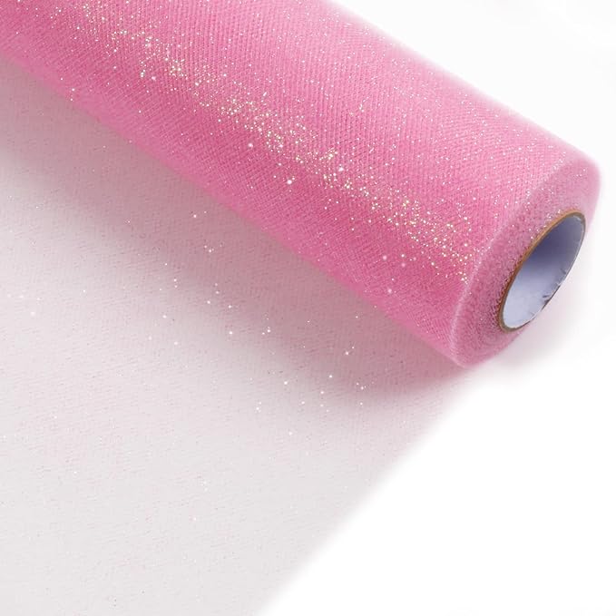 ICOSHOW Sparkling Tulle Rolls, 15” by 30 Yards (90FT) Glitter Tulle Spool Ribbon Fabric for Wedding Birthday Bridal Shower Tutu Skirt Party Gift Wrapping (Pink)