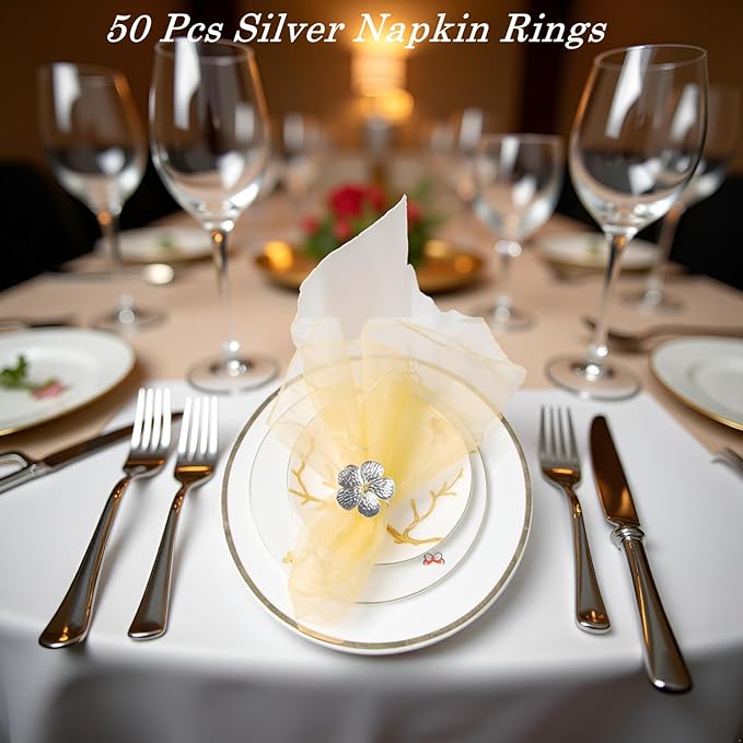 Napkin Rings, Silver Metal Floral Design, Set of 50