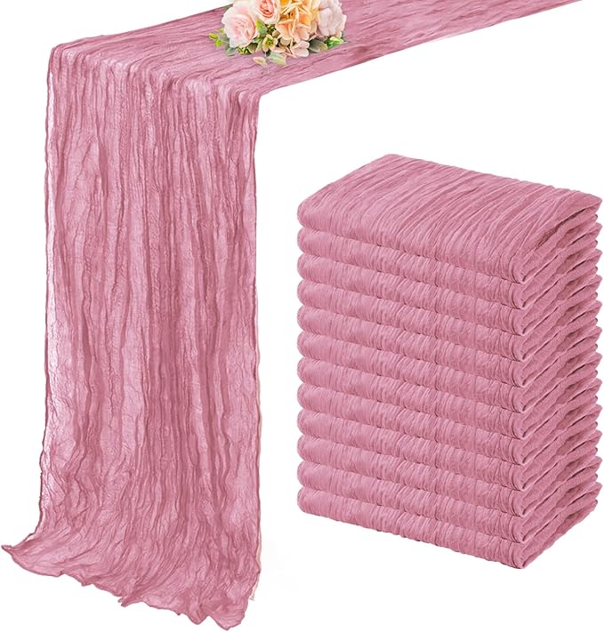 12 Pack Dusty Rose 10FT Cheesecloth Table Runner 20 x 120 Inch Long Rustic Gauze Fabric Cheese Cloth Table Runner for Wedding Bridal Baby Shower Table Decorations Boho Sheer Birthday Party Table Decor
