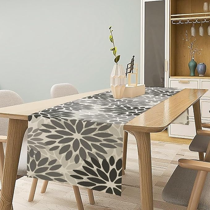 Gray Dahlia Flower Table Runner, Vintage Modern Linen Geometric Pattern Floral Table Runner Spring for Farmhouse Kitchen Dining Party Holiday Party, 13x70 Inch
