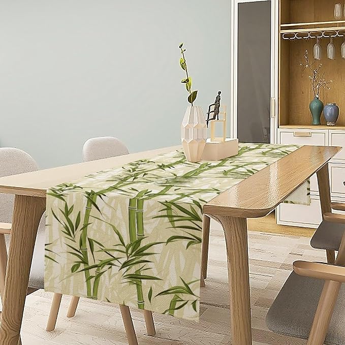 Bamboo Table Runner,Green Plant Leaf Pattern Table Cloth Kitchen Dining Table Home Party Decoration 13x90 Inch