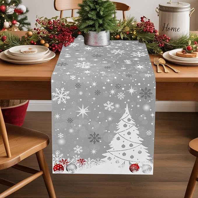 Christmas Snowflakes Cotton Linen Table Runner for Dining Kitchen, Xmas Tree Snow Winter Wedding Outdoor Party Tablerunners Decoration, Grey Balls Dresser Scarf Coffee Tablecloth Runners 13x90 Inches