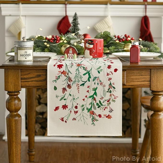 Artoid Mode Floral Leaves Christmas Table Runner, Wild Flowers and Grasses Winter Kitchen Dining Table Decoration for Home Party Decor 13x90 Inch