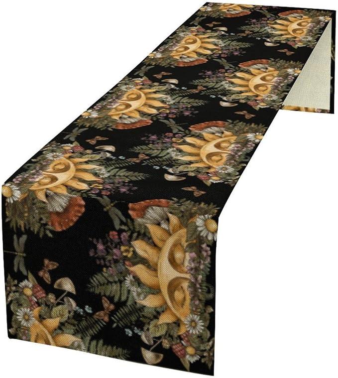 Sun Moon Table Runner, Bohomian Mushroom Daisy Table Gothic Dragonly Butterfly Table Center Decor Table Runner for Indoor Outdoor Party Kitchen Dinner Black, 13x60 Inch