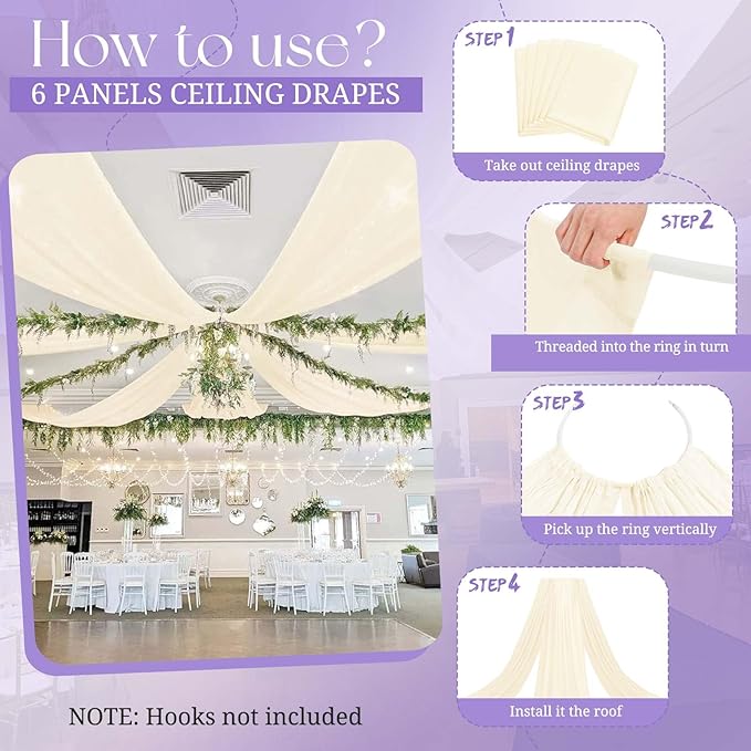 6 Panels Ivory Ceiling Drapes for Wedding, 5ftx10ft Ceiling Drapes Cheesecloth Sheer Fabric Curtain Wedding Arch Draping Fabric Romantic Ceiling Decorations for Wedding Party Ceremony Stage