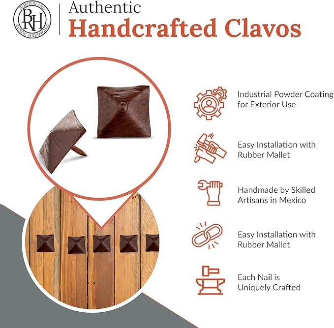 25 Pack 1.25" Square Head Iron Clavos Decorative Nails – Sealed Rusted – Handmade Rustic Square Fasteners for Farmhouse Shutters, Barn Doors, Shutters, and Gates – Ornamental Wood Accent