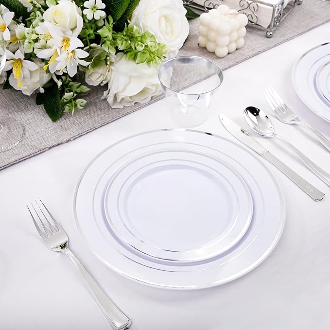 Plates Set with Silver Rim, White Plastic, 300 Pieces Total