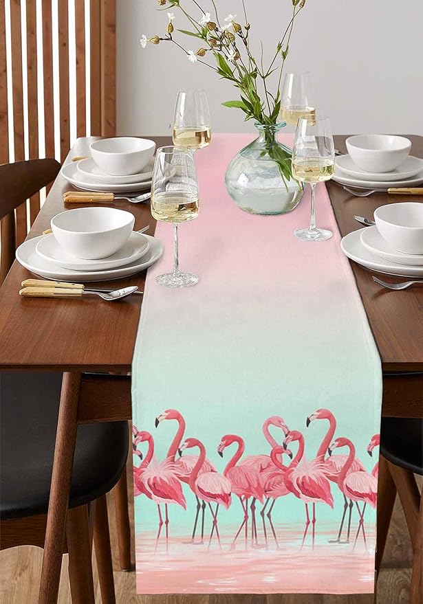 Tropical Flamingo Cotton Linen Table Runner for Dining Kitchen, Wedding Outdoor Party Tablerunners Decoration, Pink Bird Coastal Nautical Animal Dresser Scarf Coffee Tablecloth Runners 13x108 Inches