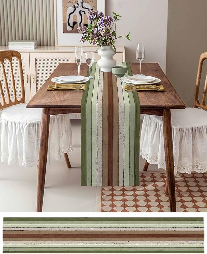 Sage Green Wooden Cotton Linen Table Runner for Dining Kitchen, Wedding Outdoor Party Tablerunners Decoration, Vintage Country Retro Distressed Grain Dresser Scarf Coffee Tablecloth Runners 13''x48''